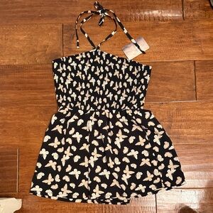 Lily Rose Black Floral Strapless Romper with Halter Tie